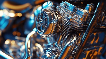 A close-up of a motorcycle engine with chrome details, showing intricate mechanical parts shining in the light.