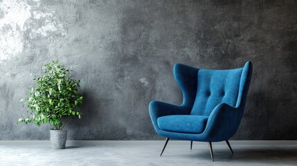 Bright living room with a blue stylish armchair against a gray plaster wall, 