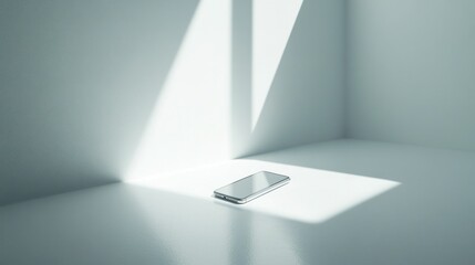 Poster - A Silver Smartphone Lies in a Sunlit Corner of a White Room