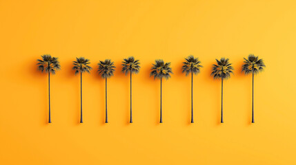 Wall Mural - Minimalistic image featuring a row of seven palm trees against a solid orange background. The trees are evenly spaced and create a symmetrical pattern.