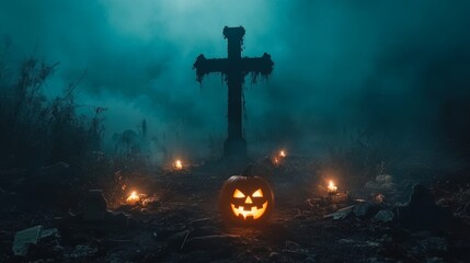 Halloween. Eerie Jack O Lantern In A Foggy Graveyard With Crosses And Candles At Night.