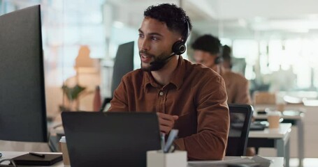 Poster - Call center, computer and discussion with man consultant in customer support office for assistance or help. Contact us, headset and thinking with happy helpdesk employee at work for lead generation