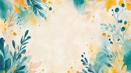 Wall Mural - Golden blush border, cute animal elements, watercolor splashes in bright teal and sunny yellow, blank central space, layered with flowing accents