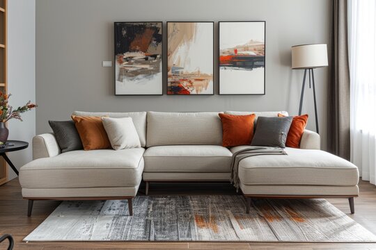 A modular corner sofa in a contemporary setting, with a floor lamp and artwork on the walls! Scandinavian loft minimalist furniture, modular tufted sofa!