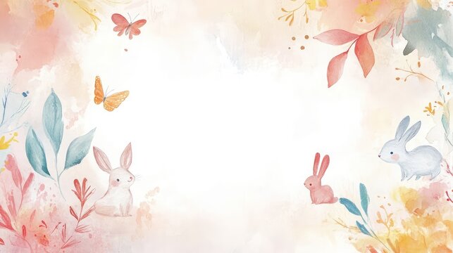 Golden blush border, playful animal doodles, vibrant pastel colors, abstract watercolor accents, spacious blank center for birthday info, soft white background