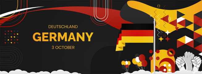 Happy Germany Unity Day or Deutschland. Modern abstract shape with raised hand and typography to celebrate national holidays in Germany flag colors. Suitable for poster, banners and greeting cards.