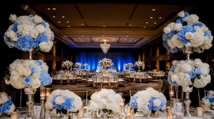 Elegant, Luxurious, Blue and White Wedding Reception with Lavish Floral Arrangements, Chandelier, Concept