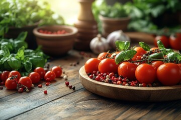 Fresh cherry tomatoes with basil and peppercorns on a wooden background - Generative AI