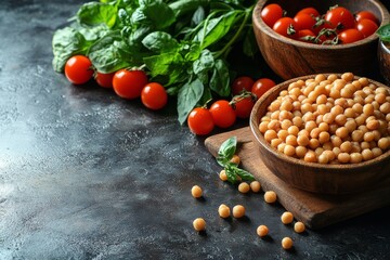 Wall Mural - Raw chickpeas in wooden bowl with fresh basil and cherry tomatoes on dark background - Generative AI