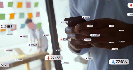 Poster - Animation of social media icons with number over african american businessman using smartphone