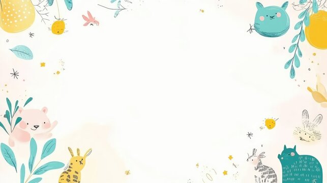 Minimalist golden blush frame, playful doodles of animals, bright teal and sunny yellow, soft white background, ample space for text in the center