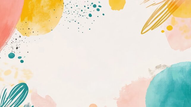 Minimalist golden blush frame, playful doodles of animals, bright teal and sunny yellow, soft white background, ample space for text in the center