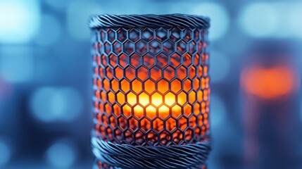 A metal object with a yellow light inside of it