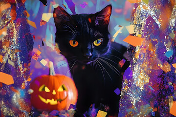 Canvas Print - Halloween photo collage, cutouts, bold colors, black cat, pumpkin, confetti, glitches, purple, chaotic, trendy glitter curtain