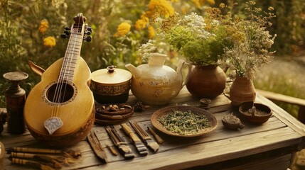 Poster - Rustic Still Life with a Lute, Herbs, and Pottery