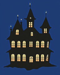 Wall Mural - Haunted house silhouette with flickering lights in the windows, ultra-sharp focus, solid deep blue background