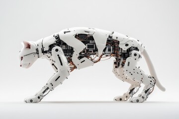 Poster - A highly detailed and futuristic robotic cat showcasing mechanical components and intricate design, symbolizing the fusion of technology and nature.