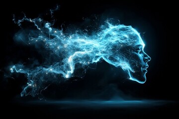 Poster - A vivid blue light forms the shape of a human face, symbolizing artificial intelligence and the fusion of human intellect with digital technology.