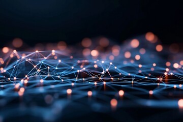 Poster - This image showcases an abstract network of glowing points and lines in a dark space, representing concepts such as connectivity, technology, and digital communication.