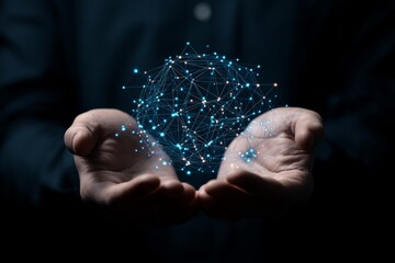 Poster - A pair of hands holding a glowing network sphere, conveying the concept of connectivity and technological advancement in a digital world.