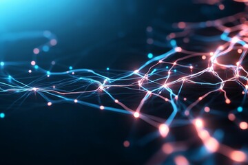 Poster - This vibrant image illustrates a glowing neural network in blue and pink colors on a dark background, symbolizing technology, connectivity, and the intricate web of digital data.