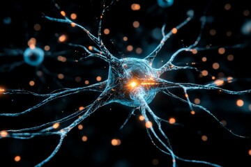 Poster - A detailed and close-up view of a neuron, showing glowing neural pathways and connections, symbolizing the complexity of the human mind and brain activity.