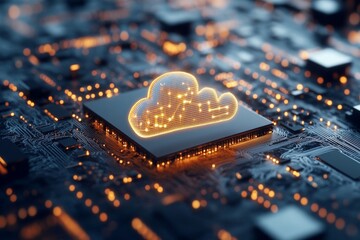 Poster - A glowing cloud icon positioned on a microchip, symbolizing cloud computing, data storage, and technological integration in modern digital infrastructure.