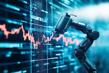 Poster - A robotic arm is shown interacting with a digital data stream and graphs, representing automation in technology and data science. Highlights modern advancements in robotics.