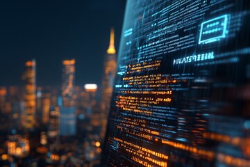 Poster - This image portrays a futuristic city skyline illuminated at night, with flowing digital code superimposed, representing modern technology and urban development.