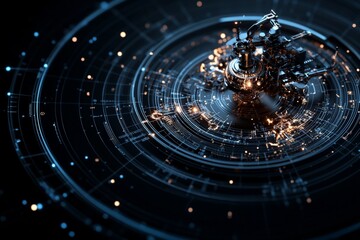 Poster - Image presents a futuristic digital hub centered with glowing intricate circuits, symbolizing advanced technology, connectivity, and the complex digital network of the future.