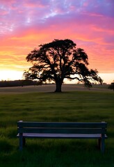 Wall Mural - Solitary tree standing tall in a vast green field, with a vibrant sunset in the background.