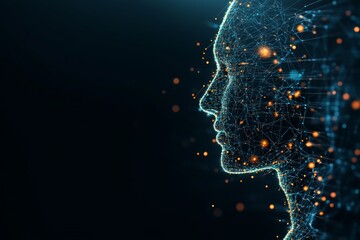 Poster - A digital representation of a human head formed by a vibrant network of glowing dots and lines, representing connectivity, intelligence, and technology.