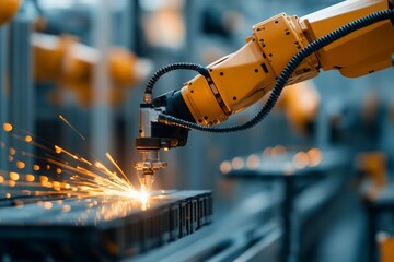 Poster - This image shows a robotic arm in action on an industrial assembly line, signifying automation, precision, and modern manufacturing technology, highlighting the future of industrial work.