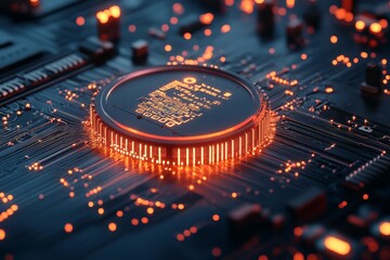 Poster - A high-tech close-up view of a microchip glowing on a circuit board, showcasing intricate electronic details and modern technology, symbolizing connectivity and innovation.
