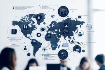 Poster - A detailed world map overlaid with digital data connections, representing global networking, connectivity, and the intricate web of international communication and technology.