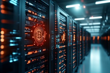 Poster - A row of high-tech servers with glowing Bitcoin symbols indicating cryptocurrency mining in a futuristic, neon-lit data center environment.