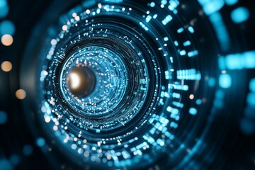 Fototapete - A futuristic blue and black tunnel depicting the concept of data or information flow through a network, accented with glowing digital elements and particles.