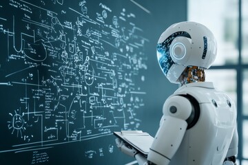Poster - A sophisticated robot stands in front of a massive blackboard filled with complex equations, symbolizing the integration of artificial intelligence and advanced scientific knowledge.