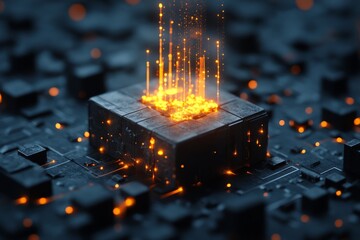 Poster - A high-tech microchip on a circuit board emanates glowing sparks, illustrating cutting-edge technology, digital processing and innovation in a futuristic design.