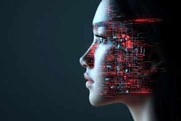 Poster - A futuristic representation of a human face with intricate electronic circuit lines, illustrating the concept of technology integration within human identity and digital evolution.