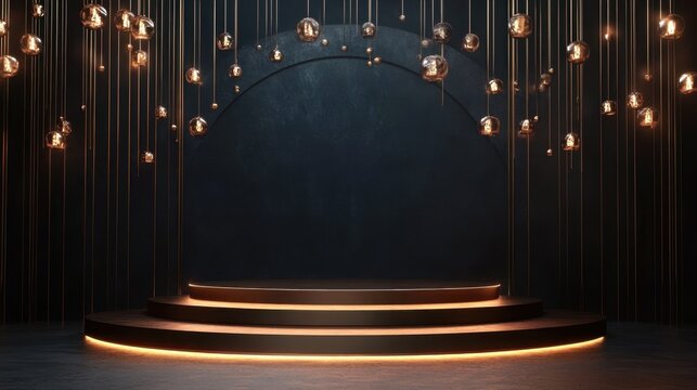 Stunning stage setup with soft, elegant lighting and a smooth, dark background offering a perfect spot for your text or message.