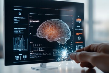 Poster - A high-tech computer screen displaying a brain, with a hand holding a tool emitting sparks, illustrating neural networks, brain power, innovation, and cerebral advancement.