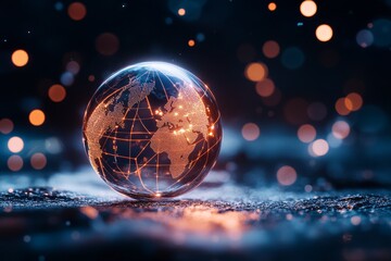 Poster - A digital wireframe globe with highlighted continents glows against a dark background, symbolizing global connectivity, technological advancements, and modern era communication.