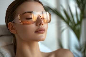 The photo idea is of a young woman receiving laser therapy in a spa studio, showcasing the treatment process and the woman's beauty and relaxation during the procedure.