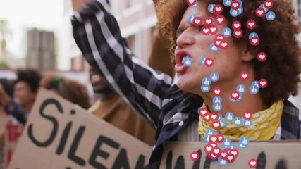 Poster - Animation of emoji icons over diverse protestors on street