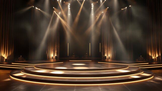 Luxurious stage design with elegantly arranged lights casting a soft glow, leaving ample room for your text or logo.