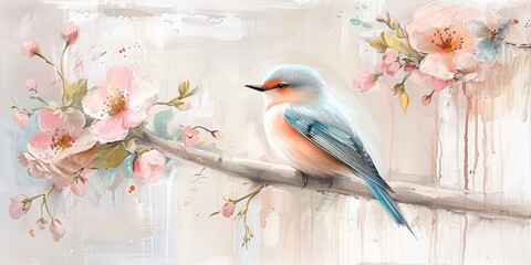 Bird on a branch among flowers, in a watercolor style, perfect for greeting cards.