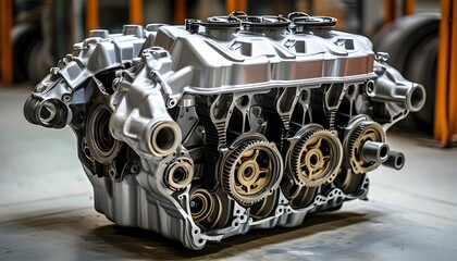 Exposed V6 Engine Showcasing Intricate Gears and Pistons in a Metal Showcase