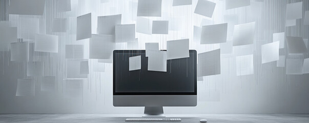 Poster - A computer monitor with a lot of paper flying around it. Concept of chaos and disorganization