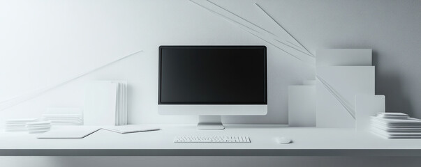 Poster - A computer monitor sits on a desk with a stack of papers in front of it. The desk is cluttered with various items, including a keyboard, mouse, and a book. Concept of productivity and focus